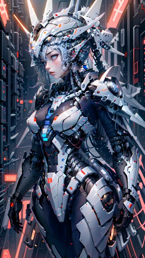 Armor, helmet,(full body:1.1) portrait image of a beautiful cyberpunk woman,hacking a computer terminal,(LED lights:1.2) blinking lights,micro-electronics,computer servers, LCD screens, fibre optic cables, corporate logos,hardware,vibrant colours, fcPortrait   