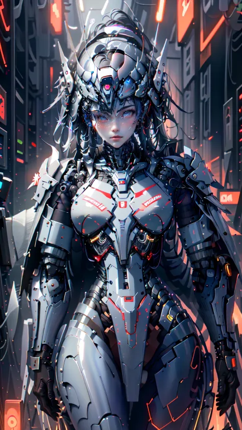 Armor, helmet,(full body:1.1) portrait image of a beautiful cyberpunk woman,hacking a computer terminal,(LED lights:1.2) blinking lights,micro-electronics,computer servers, LCD screens, fibre optic cables, corporate logos,hardware,vibrant colours, <lora:Ni...