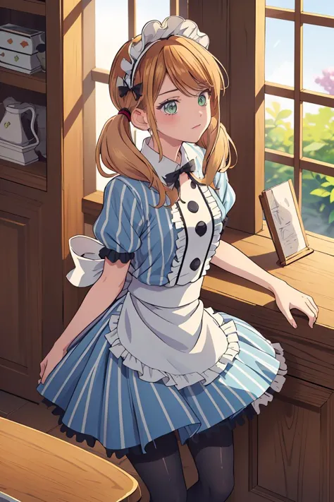 (masterpiece, best quality), 1girl,  <lora:tsukishima_riho_v1:1> 1girl, solo, blonde hair, low twintails, maid headdress, hair bow, green eyes, neck ribbon, frills, vertical stripes, blue dress, short sleeves, apron, black pantyhose