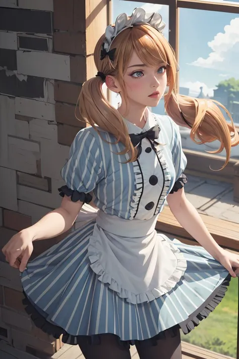 (masterpiece, best quality), 1girl,  <lora:tsukishima_riho_v1:1> 1girl, solo, blonde hair, low twintails, maid headdress, hair bow, green eyes, neck ribbon, frills, vertical stripes, blue dress, short sleeves, apron, black pantyhose