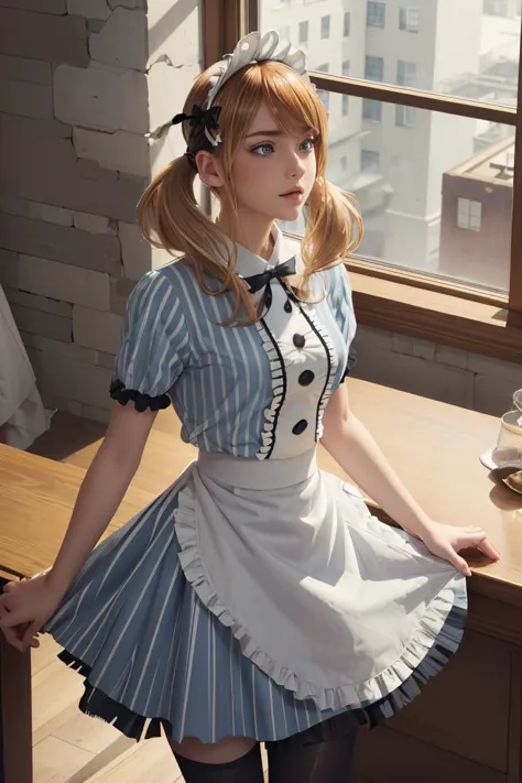 (masterpiece, best quality), 1girl,  <lora:tsukishima_riho_v1:1> 1girl, solo, blonde hair, low twintails, maid headdress, hair bow, green eyes, neck ribbon, frills, vertical stripes, blue dress, short sleeves, apron, black pantyhose