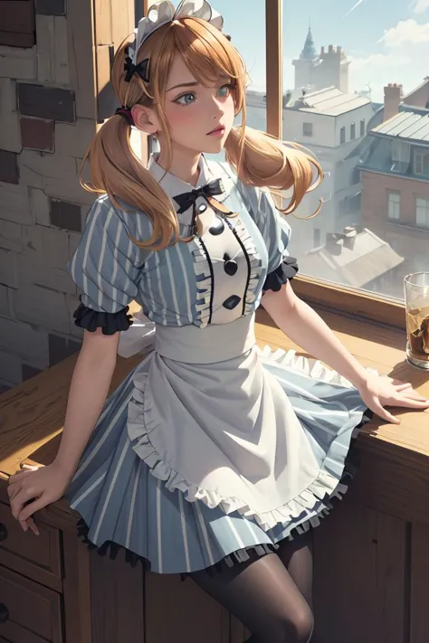 anime girl in a maid outfit sitting on a window sill