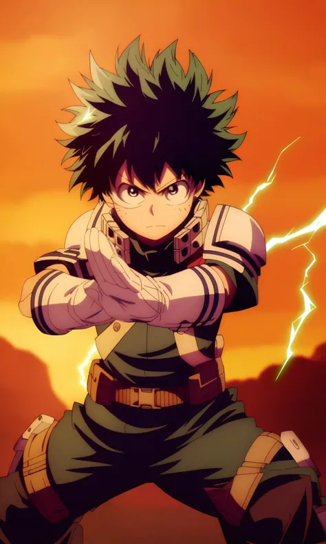 (masterpiece), (best quality), (intricate details, very aesthetic), good hands, fine_ascxl  anime screencap, 1boy, male focus, midoriya izuku, boku no hero academia, green hair, electricity, green clothes, white gloves, hands, cowboy shot, sunset, orange sky, cowboy shot, looking at viewer, outdoors, fighting stance, serious, v-shaped eyebrows, 