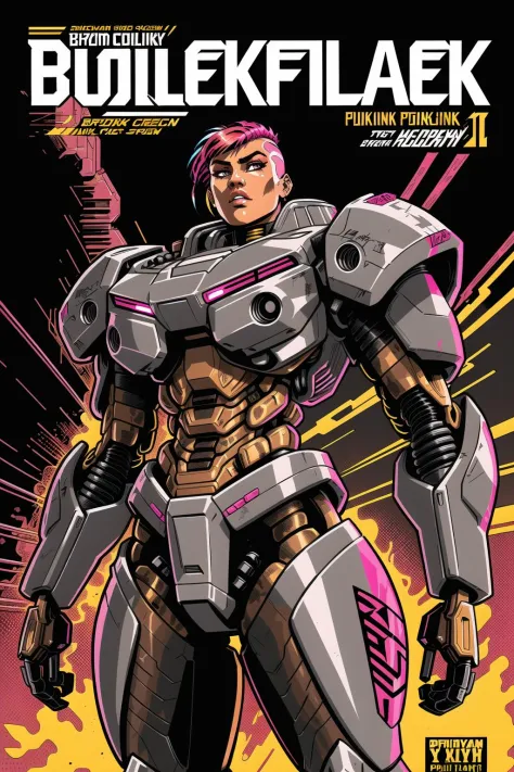 intricate flat shaded western comic book style cover art, [supermodel:woman:0.3] wearing full intricately detailed bulky plated mecha exoskeleton suit made of [red|yellow|white|blue] camo streak paint, [heavily weathered and scratched,:0.5] [pink punk side...
