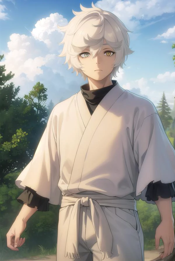 gabimaru, gabimaru, short hair, (yellow eyes:1.3), white hair, male focus,
BREAK japanese clothes, pants, sandals,
BREAK outdoors, forest, nature, sky, sun, clouds,
BREAK looking at viewer, (cowboy shot:1.5),
BREAK (masterpiece:1.2), best quality, high resolution, unity 8k wallpaper, (illustration:0.8), (beautiful detailed eyes:1.6), extremely detailed face, perfect lighting, extremely detailed CG, (perfect hands, perfect anatomy),