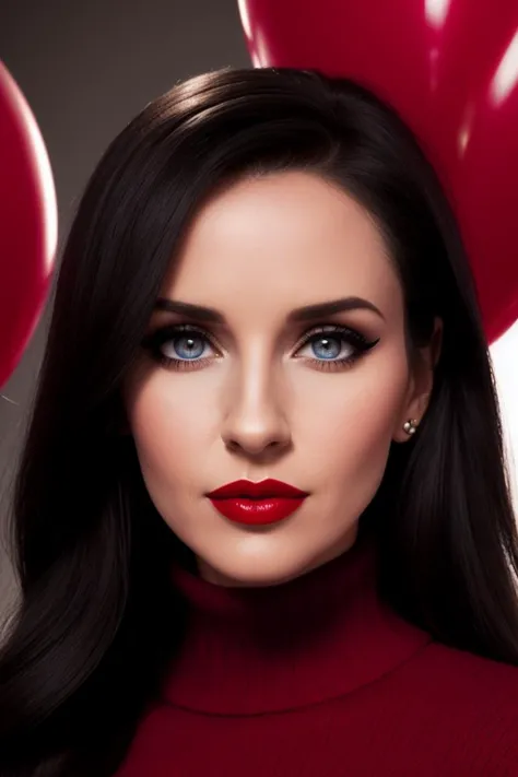 carlap:0.99, ((detailed skin, detailed face,detailed eyes, beautiful eyes):1.2),  ((red lipstick, eyeliner, eye shadow, blush)), ,((fully clothed, modest)), , photo of a woman, ,fashion portrait photo of a woman from the 60s wearing a red turtleneck standing in the middle of a ton of balloons, taken on a hasselblad medium format camera, ((detailed eyes, beautiful eyes, detailed face, beautiful face)),