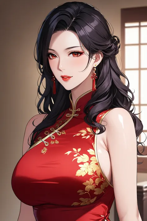 1girl,large breasts,shiny skin,fashi-g,mature female,china dress, red dress,wavy hair,fur trim,black hair,(masterpiece:1.5),(best quality:1.2), <lora:fashigirl-v1-sdxl-lokr-9ep:0.8>