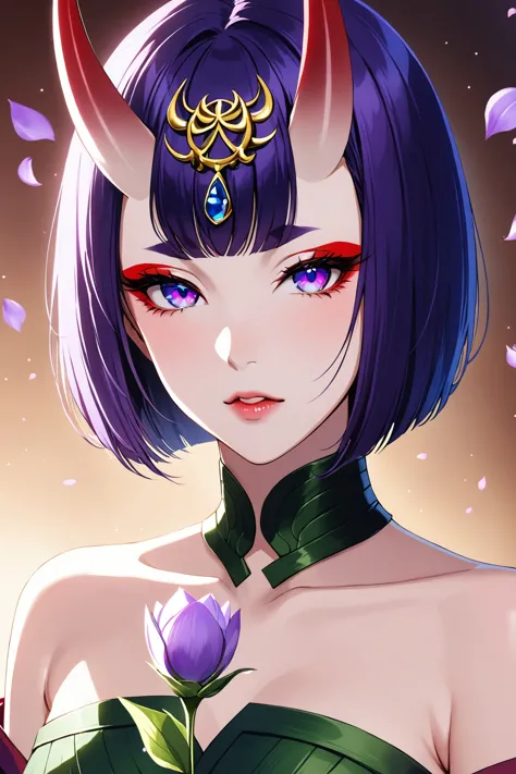 1girl, bangs, bare shoulders, bob cut, bridal gauntlets, collarbone, eyeliner, eyeshadow, flower, gem, headpiece, holding, holding flower, horns, looking at viewer, makeup, multicolored eyes, oni, oni horns, petals, portrait, purple eyes, purple hair, short eyebrows, short hair, shuten douji \(fate\), skin-covered horns, solo,(masterpiece:1.5),(best quality:1.2), <lora:fashigirl-v1-sdxl-lokr-9ep:0.8>