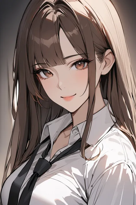 1girl, bangs, black necktie, brown eyes, brown hair, closed mouth, collared shirt, long hair, looking at viewer, necktie, shirt, sketch, smile, solo, upper body, white shirt,(masterpiece:1.5),(best quality:1.2), <lora:fashigirl-v1-sdxl-lokr-9ep:0.8>