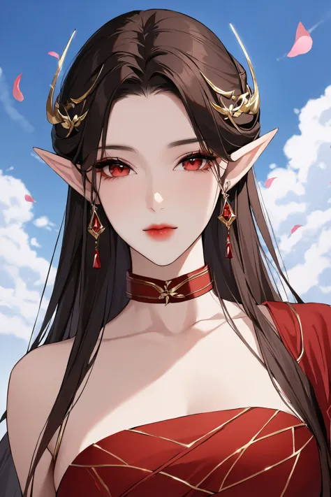 1girl, solo, long hair, looking at viewer, brown hair, black hair, hair ornament, red eyes, dress, jewelry, closed mouth, upper body, earrings, sky, pointy ears, cloud, collar, petals, expressionless, red dress, falling petals,(masterpiece:1.5),(best quality:1.2), <lora:fashigirl-v1-sdxl-lokr-9ep:0.8>