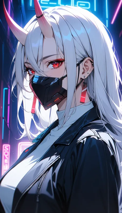 1girl, red eyes, horns, solo, jacket, mask, black jacket, earrings, jewelry, white shirt, shirt, white hair, mouth mask, hair between eyes, upper body, bangs, oni horns, open jacket,cyberpunk,neon lights,cinematic lighting,from side,looking at viewer,bad-girl,((mature female)),  <lora:fashigirl-v1-sdxl-lokr-9ep:0.8>, best quality, masterpiece, absurdres, very aesthetic