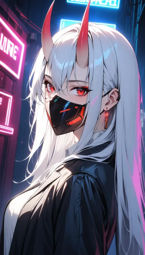 1girl, red eyes, horns, solo, jacket, mask, black jacket, earrings, jewelry, white shirt, shirt, white hair, mouth mask, hair between eyes, upper body, bangs, oni horns, open jacket,cyberpunk,neon lights,cinematic lighting,from side,looking at viewer,bad-girl,((mature female)),  <lora:fashigirl-v1-sdxl-lokr-9ep:0.8>, best quality, masterpiece, absurdres, very aesthetic