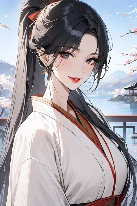 1girl,(masterpiece:1.3),(best quality:1.3),bangs, black eyes, black hair, japanese clothes, kimono, long hair, looking at viewer, ponytail, solo, upper body,outdoors, white kimono,goddess,extremely delicate and beautiful,red lips,smile,looking to the side,mature female, <lora:fashigirl-v1-sdxl-lokr-9ep:0.8>