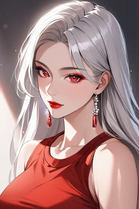 a woman with long white hair and red eyes wearing a red dress