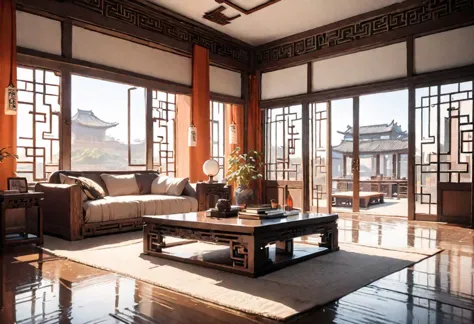 Best quality, masterpiece, ((front view)), (animation style), (center view of floor-to-ceiling windows and courtyard), Chinese-style interior decoration, white walls, (large windows), Neat window pattern, Chinese-style furniture, study room, Sofa, coffee table, bookcase, warm sunshine in the morning, ancient Chinese architecture, ancient architecture of Tang dynasty, very detailed background