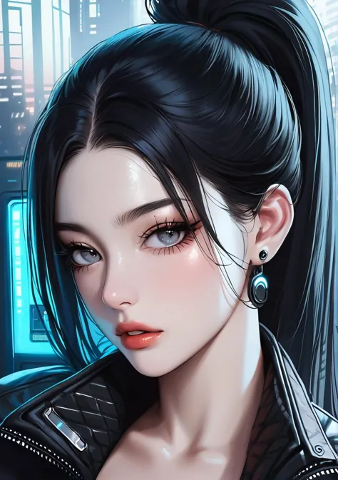 1girl,solo, long hair, looking at viewer, black hair, jewelry, ponytail, earrings, parted lips, grey eyes, eyelashes, lips,(cyberpunk:1.2),safe,realistic,<lora:fashigirl-v2-sdxl-7ep:0.7>,