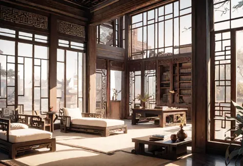 Best quality, masterpiece, ((front view)), (animation style), (center view of floor-to-ceiling windows and courtyard), Chinese-style interior decoration, white walls, (large windows), Neat window pattern, Chinese-style furniture, study room, Sofa, coffee table, bookcase, warm sunshine in the morning, ancient Chinese architecture, ancient architecture of Tang dynasty, very detailed background