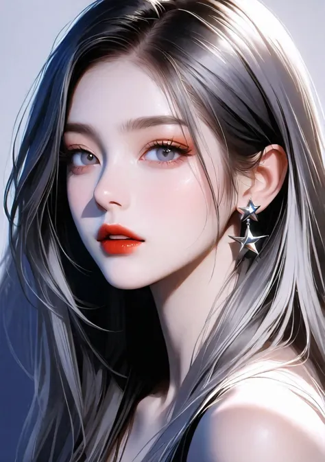 1girl,solo,long hair,looking at viewer,black hair,jewelry,grey hair,earrings,parted lips,star \(symbol\),black eyes,grey eyes,shadow,portrait,red lips,star earrings,portrait,realistic,<lora:fashigirl-v2-sdxl-7ep:0.7>,