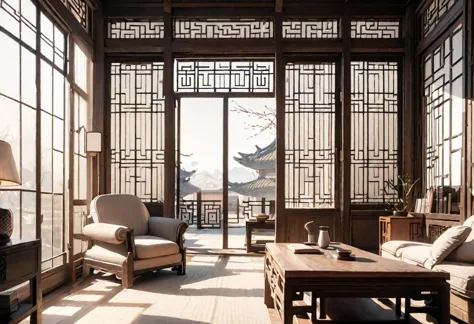 Best quality, masterpiece, ((front view)), (animation style), (center view of floor-to-ceiling windows and courtyard), Chinese-style interior decoration, white walls, (large windows), Neat window pattern, Chinese-style furniture, study room, Sofa, coffee table, bookcase, warm sunshine in the morning, ancient Chinese architecture, ancient architecture of Tang dynasty, very detailed background