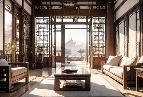 best quality, masterpiece, ((front view)), (animation style), (center view of floor-to-ceiling windows and courtyard), chinese-s...