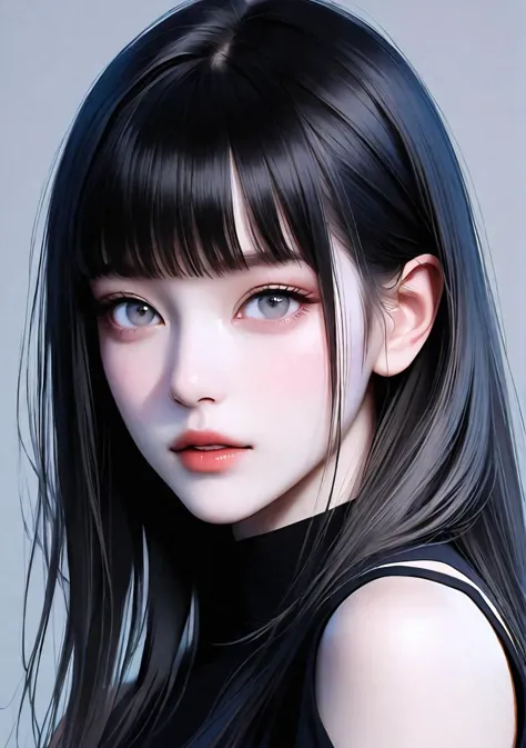 1girl,solo,long hair,looking at viewer,shirt,black hair,upper body,blunt bangs,black shirt,grey eyes,portrait,hair behind ear,shoulder cutout,safe,realistic,<lora:fashigirl-v2-sdxl-7ep:0.7>,