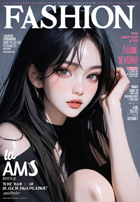 1girl,solo,k-pop,black hair,long hair,magazine cover,text 'fashion',realistic,
masterpiece,newest,absurdres,sensitive,very aesth...