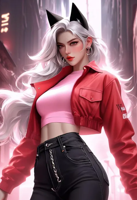 WLOP art style, look at the audience, Female,seductive eyes, white hair, long hair, ((black cat ears)), ((small amount of abdominal muscles)), ((belly button exposed)), red cropped top, red jacket, black tight jeans, chain belt, long legs, pants There are claw marks and damage on the thighs,  clear face, pink eyeshadow, Hold a gun, hold a gun in her hand, Head up and chest out, eye light, sharpness, cinematic foootage, (full body), intricate details,8k post production, faithful, colorful cinematic,