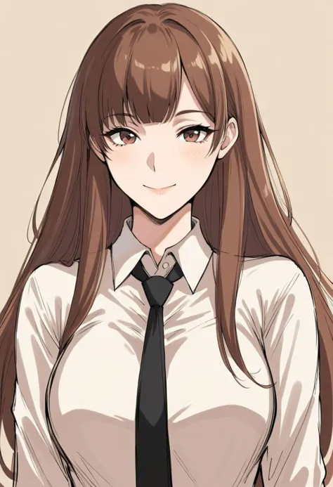 1girl, bangs, black necktie, brown eyes, brown hair, closed mouth, collared shirt, long hair, looking at viewer, necktie, shirt,...