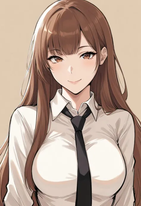 1girl, bangs, black necktie, brown eyes, brown hair, closed mouth, collared shirt, long hair, looking at viewer, necktie, shirt, sketch, smile, solo, upper body, white shirt,(masterpiece:1.5),(best quality:1.2),