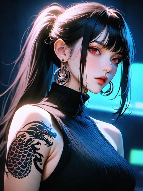 1girl,solo,long hair,looking at viewer,black hair,red eyes,jewelry,upper body,ponytail,sidelocks,earrings,sleeveless,from side,sweater,tattoo,turtleneck,portrait,turtleneck sweater,dragon,sideways glance,arm tattoo,black sweater,eastern dragon,(cyberpunk:1.2),realistic,
masterpiece,newest,absurdres,sensitive,very aesthetic,<lora:fashigirl-v2-sdxl:0.7>,