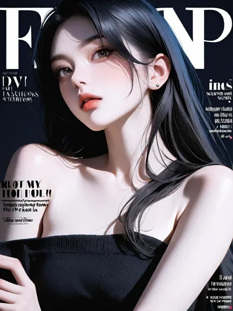 1girl,solo,k-pop,black hair,long hair,magazine cover,text 'Fashion',realistic,
masterpiece,newest,absurdres,sensitive,very aesthetic,<lora:fashigirl-v2-sdxl-7ep:0.7>,