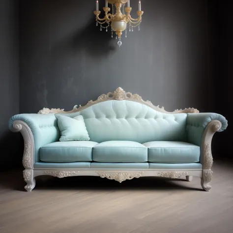 a close up of a couch in a room with a chandelier