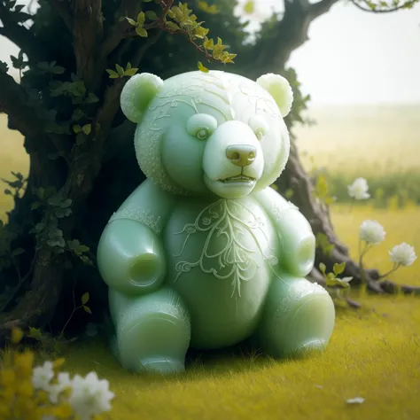 there is a green teddy bear sitting in the grass near a tree