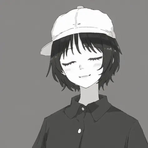 <lora:jutofe_akasonu:1.0>, ^ ^, ^o^, closed eyes, fang, greyscale, hat, highres, monochrome, pom pom \(clothes\), shaded face, s...