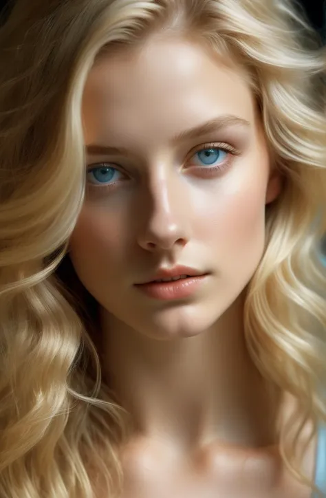 a close up of a woman with long blonde hair and blue eyes