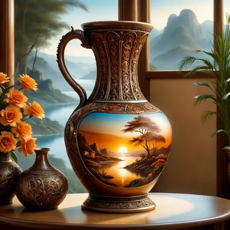 highly detailed, award-winning photography, (High Dynamic Range:1.4),

An intricate vase, crazed, depicting scenery.

The vase sits in a traditional room, on a table between exotic chairs.

airbrush painting.

Atmospheric, beautiful, warm hues, warm tones, rustic.

BREAK

<lora:dvr-tldr:0.8> dvr-tldr 