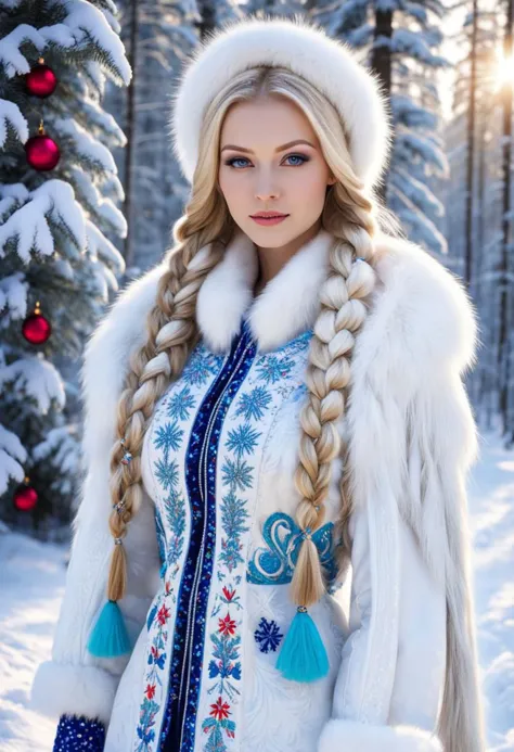 ((Masterpiece, best quality,edgQuality)),
((18 yo, slim beautiful Russian Snow Maiden)) (standing:2) in the snowy forest, blond ...