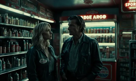 film still of a professional Hollywood movie, a man and a woman in a small US gas station shop, highly detailed, intricate detai...