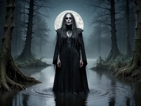 (ultra-realism painting:1), extremely detailed, (water color:0.7), 

gothic, evil crone, decaying skin, long lank hair, standing in water, standing in the middle of a dark dank forest at night, wearing a full-length dark coat with shiny black fittings,

(a...