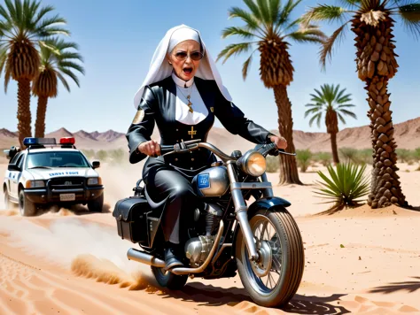 (semi-realism painting:0.5), extremely detailed, (water color:0.7), 

(steampunk-inspired:1). A photo of an (angry 80yo nun:1.5) riding a steam-punk powered motorbike, through the desert, gripping the handlebars, (chased by police:1.4), palm trees,


Canon...