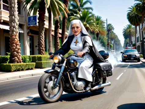 (semi-realism painting:0.5), extremely detailed, (water color:0.7), 

(steampunk-inspired:1). A photo of an (angry 80yo nun:1.5) riding a steam-punk powered motorbike, through beverly hills, gripping the handlebars, (chased by police:1.4), palm trees,


Ca...