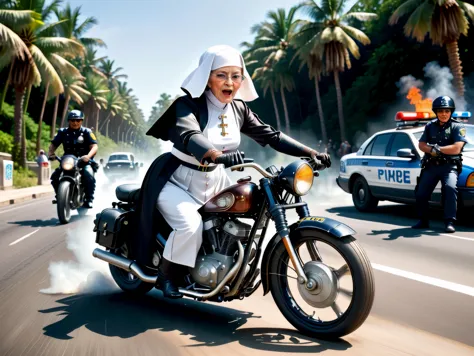 (semi-realism painting:0.5), extremely detailed, (water color:0.7), 

(steampunk-inspired:1). A photo of an (angry 80yo nun:1.5) riding a steam-punk powered motorbike, down a freeway, gripping the handlebars, (chased by police:1.6), palm trees,


Canon EF ...