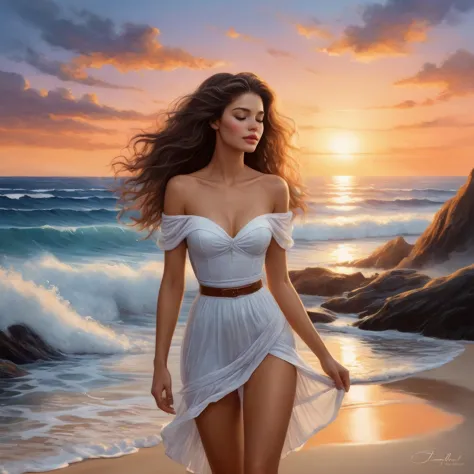 The firelight flickers across her sun-kissed skin, painting her 22-year-old form in a dance of warm and cool. Her hair, the color of spun moonlight, cascades over the sand like a forgotten dream, whispering secrets to the tide. Her lips, stained with the f...