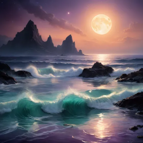 The ocean, a canvas splashed with the twilight's palette, whispers secrets in the dance of phosphorescent waves. Gentle ripples shimmer with an ethereal light, each crest a crown of liquid moonbeams. As the sun dips below the horizon, the deeps cast a spel...