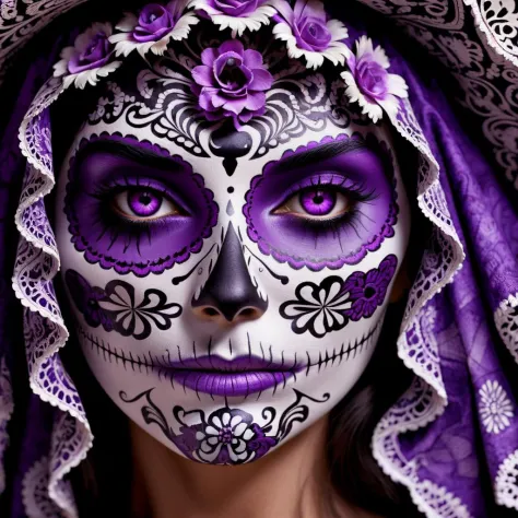 Close Up Face Image of beautiful women as a LaCatrina, Highly Detailed, Purple Details, Portrait, Extreme Detailed, Traditional La Catrina