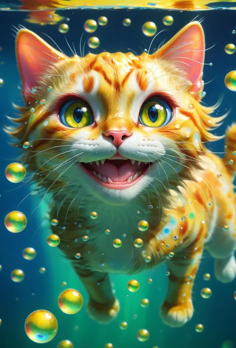 Cute little displacer cat swimming underwater, in the style of makoto shinkai, in realistic hyper detailed render style, big eyes, smiling, glowing, yellow, blue, brush, hyper realistic oil painting, head closeup, exaggerated perspective, tyndall effect, w...