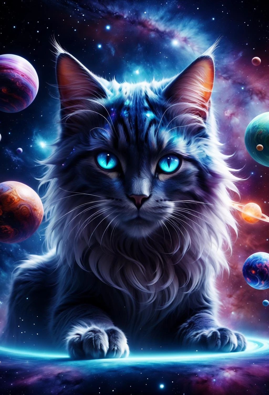 ~*~공상~*~ 8K, 걸작, 최고의 품질, 발로 새로운 행성을 만드는 마법의 은하계 고양이