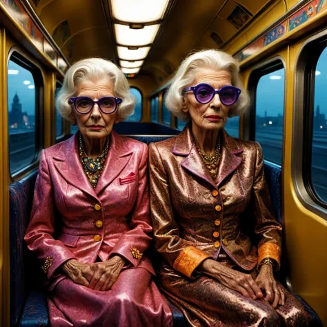 Frank sagace 'fashion old ladies', close up realistic fashion photos in train at night, in the style of kelly vivanco and Wes Anderson, and Tim Walker vibrant model photos, cityscapes, elaborate costumes, brothers hildebrandt, lisa frank, leica cl, dark