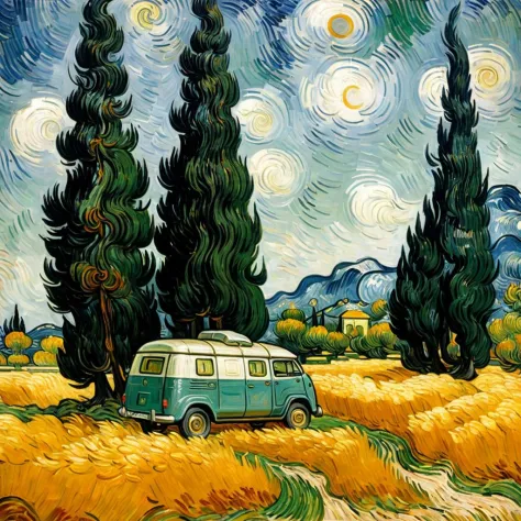 A camping van vehicle, side view, in "Wheat Field with Cypresses" painting by Vincent Van Gogh