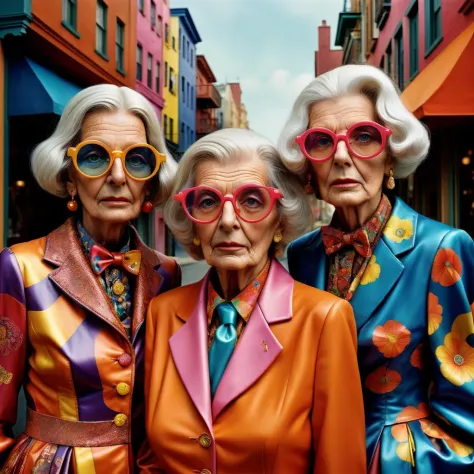 Frank sagace 'fashion old ladies', close up realistic fashion photos, in the style of kelly vivanco and Wes Anderson, and Tim Walker vibrant model photos, cityscapes, elaborate costumes, brothers hildebrandt, lisa frank, leica cl, dark
